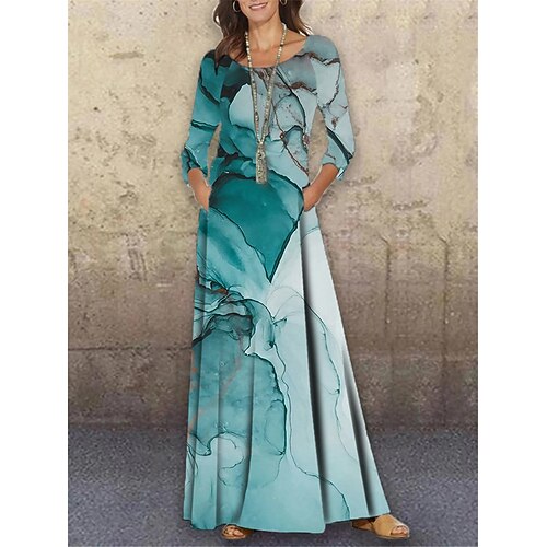 

Women's Shift Dress Long Dress Maxi Dress Green Gray 3/4 Length Sleeve Color Gradient Print Winter Fall Autumn Crew Neck S M L XL XXL 3XL