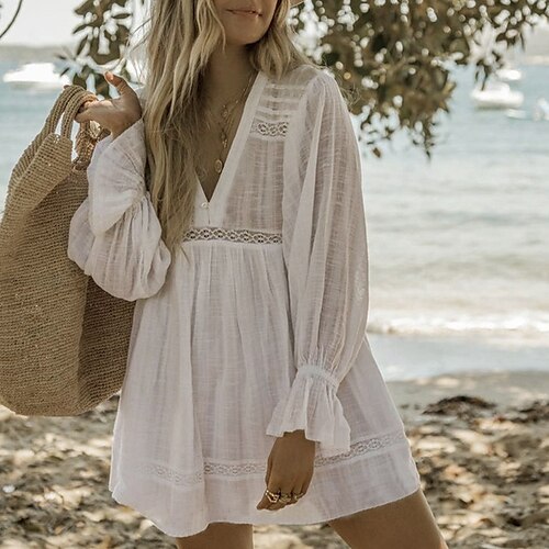 

Women's White Solid Color Lace Summer Cover Ups & Beach Dresses One-Size
