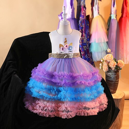 

Kids Girls' Dress Unicorn Tulle Dress Knee-length Dress Birthday Sequins Cotton Sleeveless Cute Dress 3-12 Years Fall White