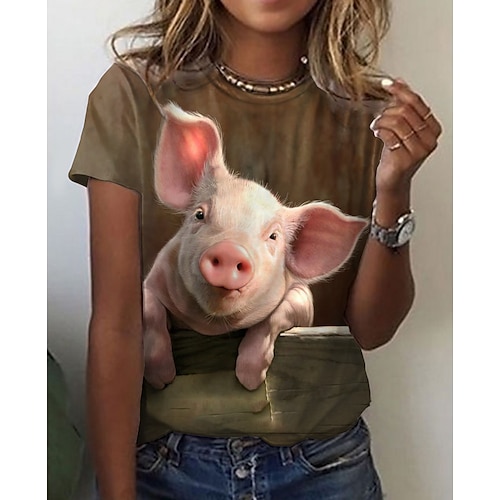 

Women's T shirt Tee Brown Animal 3D Print Short Sleeve Daily Weekend Basic Round Neck Regular 3D Printed Painting S