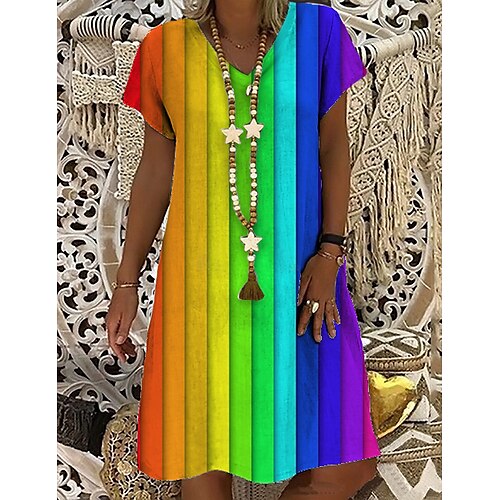 

Women's Shift Dress Midi Dress Rainbow Short Sleeve Rainbow Print Spring Summer V Neck S M L XL XXL 3XL
