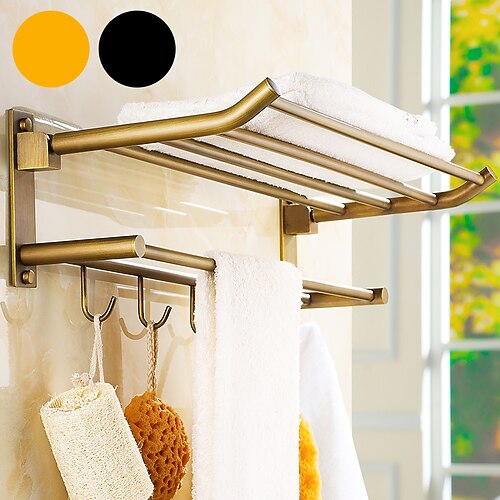 

Bathroom Towel Bar Multifunction Bathroom Shelf Double-layer with Hooks Antique Brass Wall Mounted Punchable 1pc