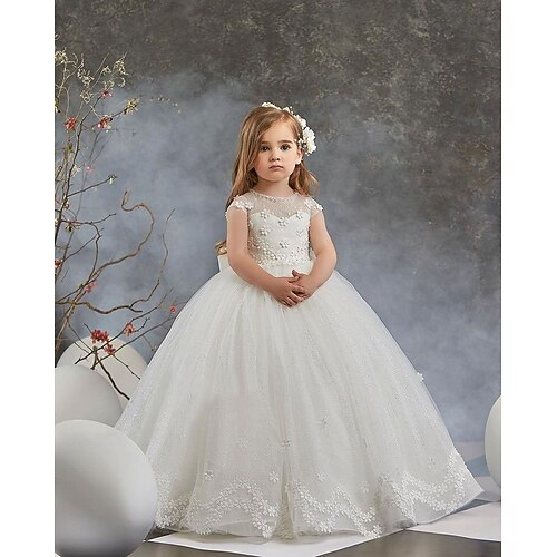 

Wedding Party Princess Flower Girl Dresses Jewel Neck Floor Length Tulle Spring Summer with Appliques Pure Color Cute Girls' Party Dress Fit 3-16 Years
