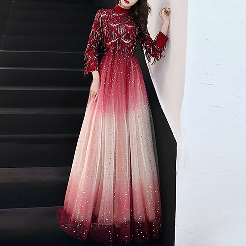 

A-Line Evening Dresses Glittering Dress Engagement Floor Length 3/4 Length Sleeve High Neck Tulle with Sequin Tassel 2022 / Formal Evening