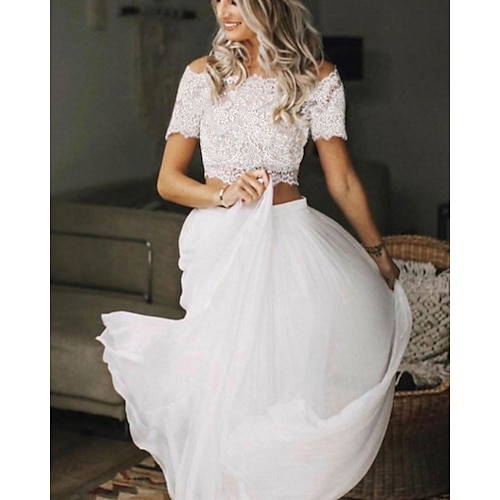 

Two Piece Wedding Dresses Jewel Neck Sweep / Brush Train Chiffon Lace Short Sleeve Beach Boho Sexy See-Through with Pleats 2022