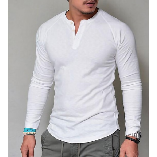 

Men's T shirt Tee Tee Solid Colored Henley Green White Black Army Green Grey Long Sleeve Daily Tops Basic Classic Muscle Big and Tall / Wet and Dry Cleaning