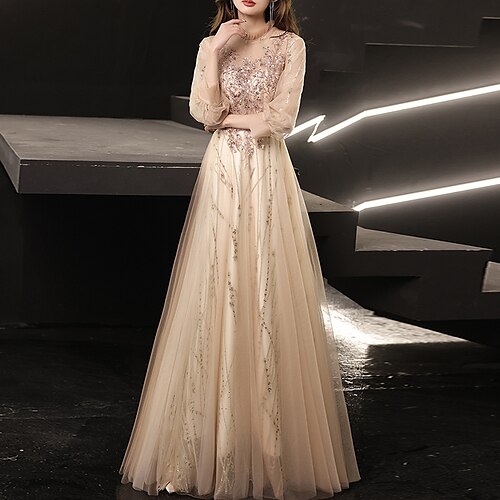 

A-Line Glittering Floral Prom Formal Evening Dress High Neck Long Sleeve Floor Length Tulle with Beading Appliques 2022 / Illusion Sleeve