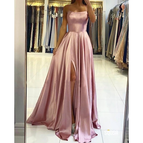 

A-Line Beautiful Back Sexy Engagement Prom Birthday Dress Halter Neck Sleeveless Sweep / Brush Train Charmeuse with Pleats Slit 2022