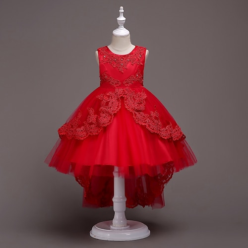 

Party Christmas Ball Gown Flower Girl Dresses Jewel Neck Asymmetrical Polyester Lace Spring Summer with Bow(s) Embroidery Cute Girls' Party Dress Fit 3-16 Years