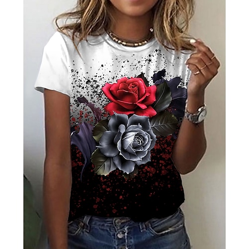 

Women's T shirt Tee Black Floral Color Block Print Short Sleeve Daily Weekend Basic Round Neck Regular Floral Abstract Painting S / 3D Print