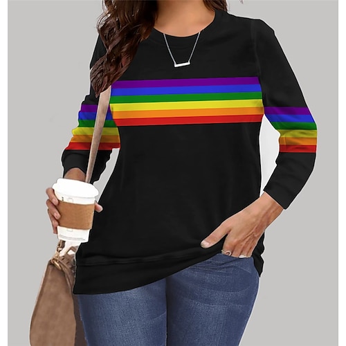 

Women's Plus Size Tops Pullover Sweatshirt Hoodie Sweatshirt Graphic Rainbow Print Long Sleeve Crewneck Basic Hoodie Daily Vacation Microfiber Fall Winter Black