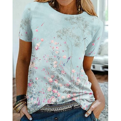 

Women's T shirt Tee Blue Graphic Floral Print Short Sleeve Daily Weekend Basic Round Neck Regular Floral Painting S / 3D Print
