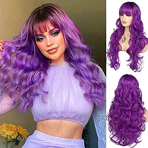 Long Purple & Black Curly Wig Black and Pink Halloween Gothic Bride Wig 