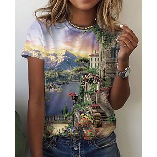 

Women's T shirt Tee Gray Scenery 3D Print Short Sleeve Holiday Weekend Basic Round Neck Regular Abstract 3D Printed Painting S