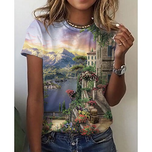 

Women's T shirt Tee Gray Scenery 3D Print Short Sleeve Holiday Weekend Basic Round Neck Regular Abstract 3D Printed Painting S