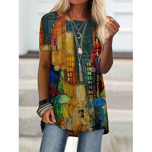 

Women's T shirt Dress Tunic Shirts Tunic Rainbow Color Block Print Short Sleeve Daily Basic Round Neck Long S