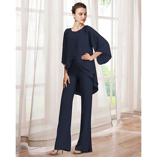 

Two Piece Pantsuit Mother of the Bride Dress Elegant Jewel Neck Floor Length Chiffon Long Sleeve with Ruching 2022