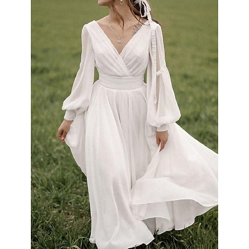 

Women's Swing Dress White Dress Long Dress Maxi Dress White Long Sleeve Pure Color Mesh Winter Fall Autumn V Neck Winter Dress Fall Dress 2022 S M L XL XXL