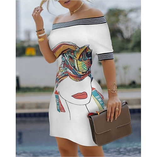 

Women's Sheath Dress Mini Dress Navy Black Apricot Short Sleeve Print Spring Summer Off Shoulder Boom Sale Dress S M L XL