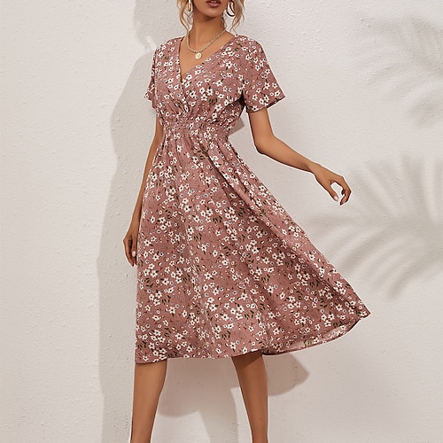 

Women's Swing Dress Midi Dress Big red Hidden black White Pink Yellow Light Green Navy Blue Short Sleeve Floral Ruched Print Spring Summer V Neck Casual Boho Loose 2022 S M L XL