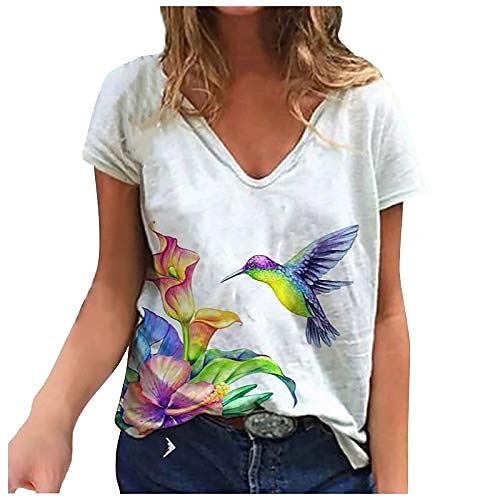 

womens short sleeve v neck shirt watercolor painting hummingbird lotus print graphic tshirt tees casual loose fit tops white