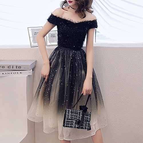 

A-Line Glittering Gradient Party Wear Cocktail Party Dress Off Shoulder Short Sleeve Knee Length Tulle with Sequin 2022