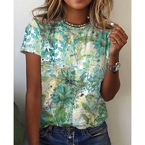 

Women's T shirt Tee Green Graphic Floral Print Short Sleeve Daily Weekend Basic Round Neck Regular Floral Abstract Painting S / 3D Print