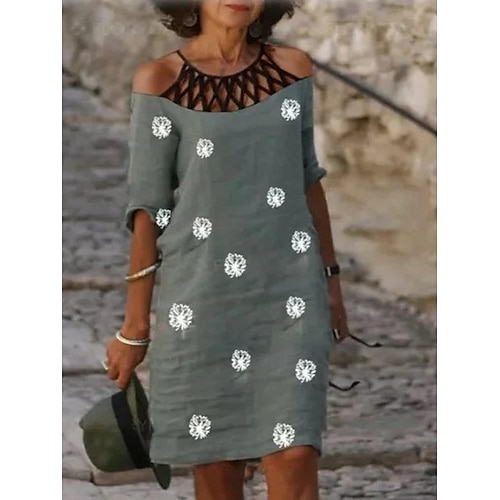 

Mujer Vestido de cambio Verde Trébol Negro Verde Ejército Media Manga Floral Estampado Otoño Primavera Cuello halter Fiesta S M L XL XXL 3XL