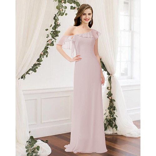 

Sheath / Column Bridesmaid Dress One Shoulder Sleeveless Elegant Floor Length Chiffon with Ruffles 2022
