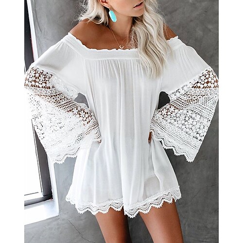 

Women's White Dress White Long Sleeve Pure Color Lace Winter Fall Autumn Off Shoulder Winter Dress Fall Dress S M L XL