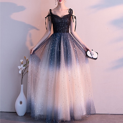 

A-Line Glittering Gradient Wedding Guest Formal Evening Dress Spaghetti Strap Sleeveless Floor Length Tulle with Sequin 2022