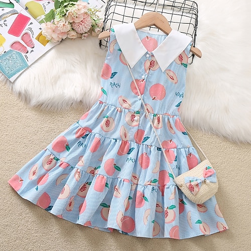 

Kids Girls' Dress Fruit Sundress Knee-length Dress Holiday Print Cotton Sleeveless Sweet Dress 4-13 Years Summer Blue Pink