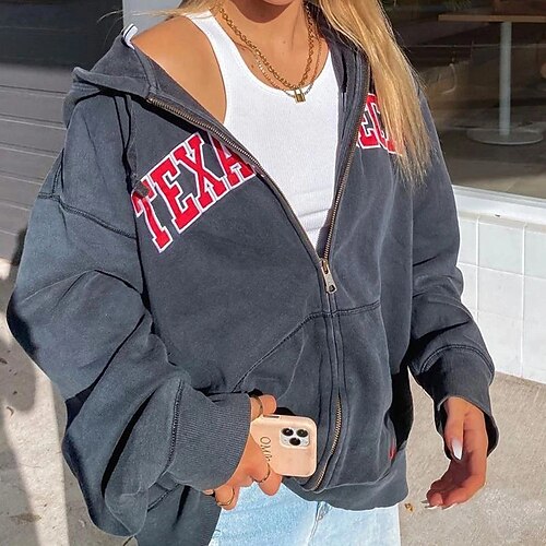 

Women's Sweatshirt Pullover Full Zip Hoodie Active Streetwear Zipper Monograms Front Pocket Blue Text Loose Fit Casual Round Neck Long Sleeve Cotton S M L XL XXL