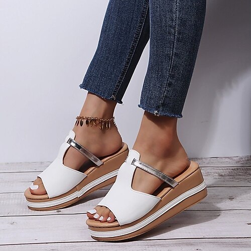 

Women's Sandals Wedge Sandals Platform Sandals Wedge Heel Round Toe Rubber PU Loafer White Black Gold