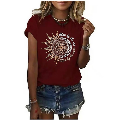 

live by the sun love by the moon graphic t-shirts women sun and moon printed short sleeve casual tee tops (s, red)