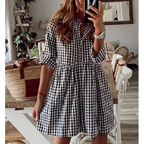 

Women's Shirt Dress Mini Dress Black 3/4 Length Sleeve Plaid Winter Fall Autumn Shirt Collar M L XL XXL 3XL