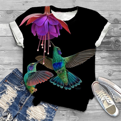 

Women's Plus Size Tops T shirt Tee Graphic Bird Print Short Sleeve Crewneck Basic Daily Cotton Spandex Jersey Spring Summer Black Blue / Regular Fit