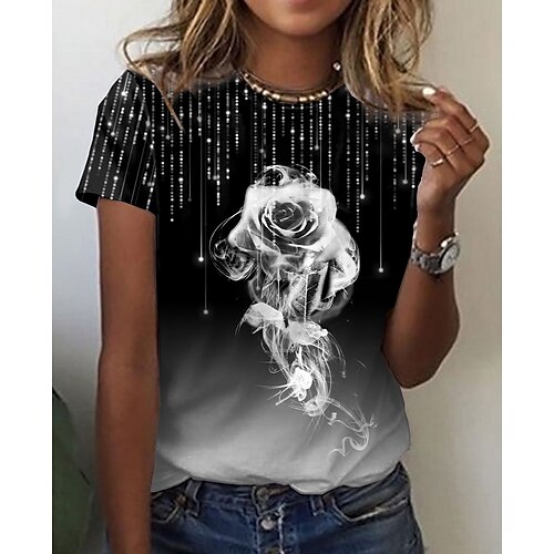 

Women's T shirt Tee Black Floral Color Gradient Print Short Sleeve Daily Weekend Basic Round Neck Regular Floral Painting S / 3D Print