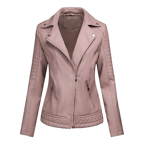 

Women's Jacket Faux Leather Jacket Daily Fall Winter Regular Coat Regular Fit Warm Casual Jacket Long Sleeve Solid Color Quilted Black Pink Yellow
