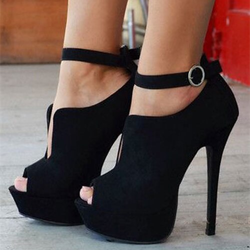 

Women's Heels Stilettos High Heels Ankle Strap Heels Lace-up Platform High Heel Peep Toe Suede Zipper Solid Colored Black