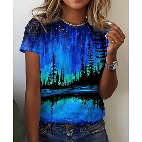 

Women's T shirt Tee Blue Purple Graphic Scenery Print Short Sleeve Daily Weekend Basic Round Neck Regular Floral Abstract 3D Printed S