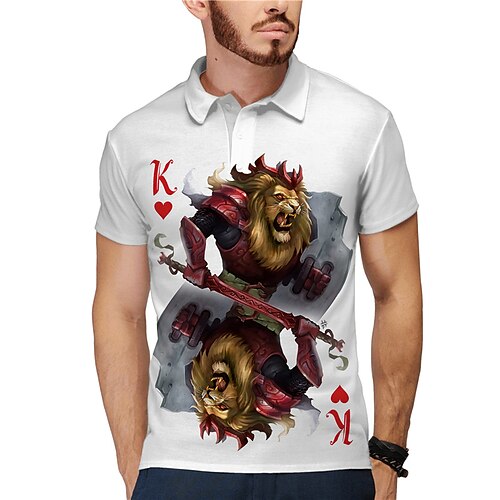 Herren Golfhemd Tennishemd 3D-Druck Löwe Poker Button-Down Kurzarm Strasse Oberteile Freizeit Modisch Cool Weiß / Sport