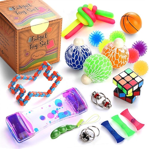

Sensory Fidget Toys Set, 25 Pcs Stress Relief and Anti-Anxiety Tools Bundle for Adults, Marble and Mesh, Pack of Squeeze Balls, Soybean Squeeze, Flippy Chain, Liquid Motion Timer & More
