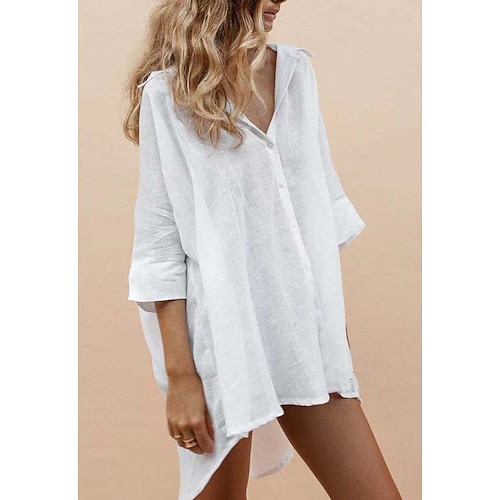 

Women's Blouse Shirt Tunic White Plain Button Asymmetric 3/4 Length Sleeve Holiday Weekend Basic Streetwear Shirt Collar Long Loose Fit S