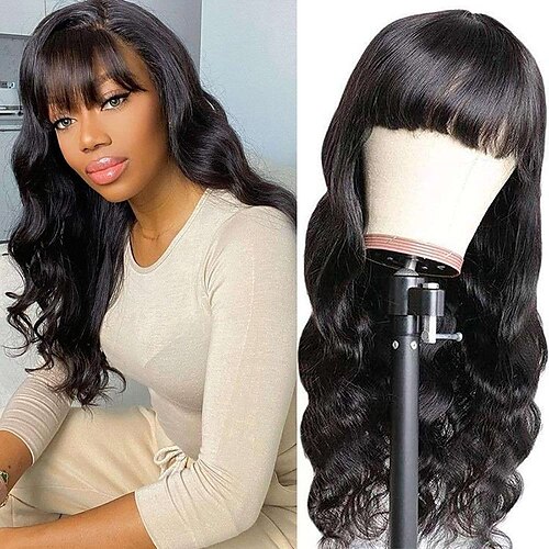 

Human Hair Wig Long Body Wave With Bangs Natural Best Quality Fashion 100% Virgin Capless Brazilian Hair Women's Natural Black #1B 12 inch 14 inch 16 inch Daily Thanksgiving New Year