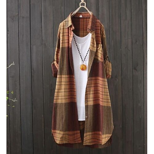 

Women's Plus Size Tops Blouse Shirt Plaid Plaid / Check Long Sleeve Shirt Collar Preppy Casual Daily Polyester Fall Spring Green Brown