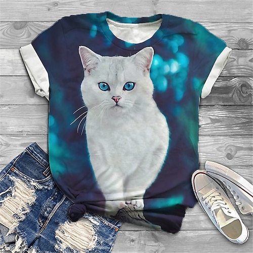 

Dame Pluss størrelse Topper T skjorte Katt Grafisk Trykt mønster Kortermet Crewneck Grunnleggende Daglig Ferie Bomullsspandexjersey Blå / Store størrelser / Store størrelser