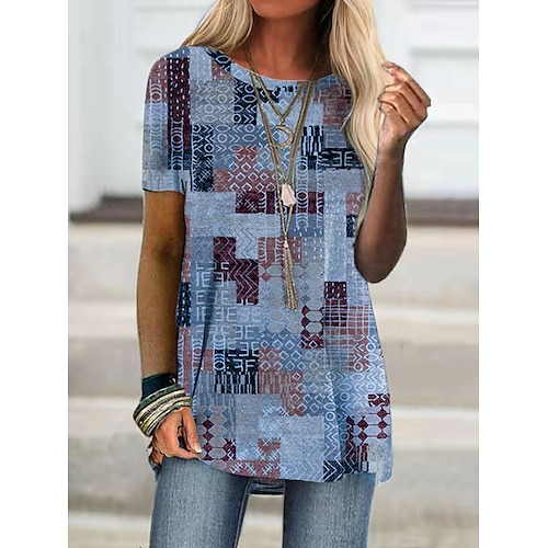 

Women's T shirt Tee Tunic Blue Khaki Graphic Geometric Print Short Sleeve Holiday Weekend Basic Boho Round Neck Long Geometric Painting S