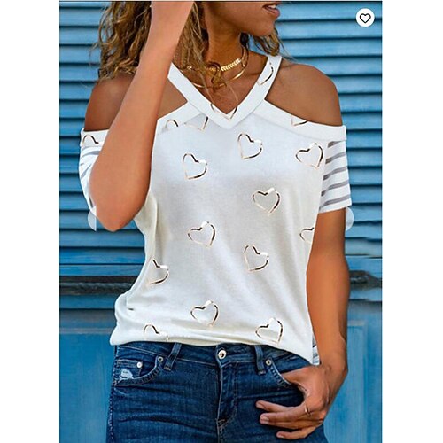 

Women's T shirt Tee White Heart Striped Cut Out Print Short Sleeve Valentine Weekend Basic V Neck Regular Painting S