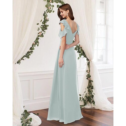 

A-Line Bridesmaid Dress V Neck Sleeveless Elegant Floor Length Chiffon with Pleats / Ruffles 2022